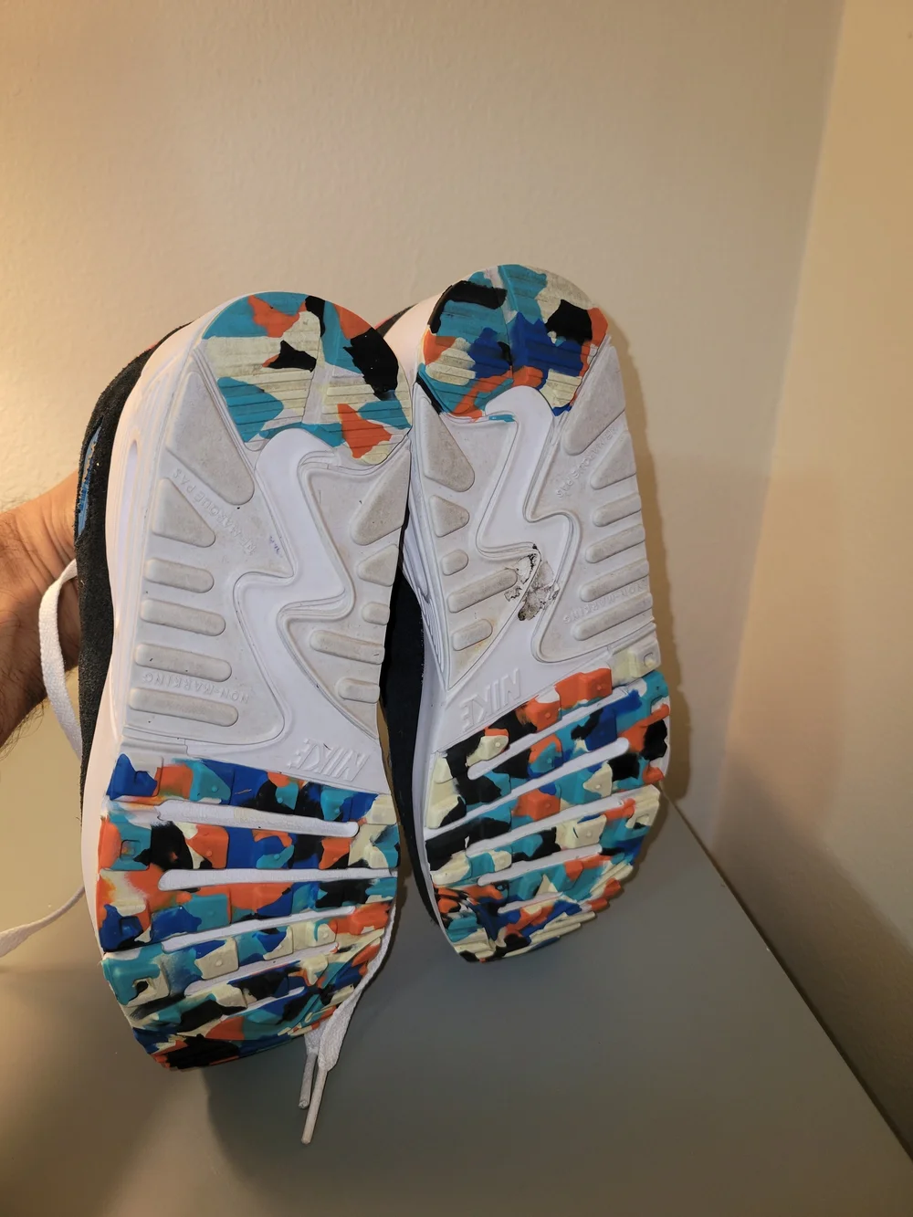 Nike AirMax90 Kids White and Gray Sneakers with Blue and Orange Accents